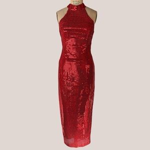 Vintage 90s Red Sequin Halter Maxi Dress